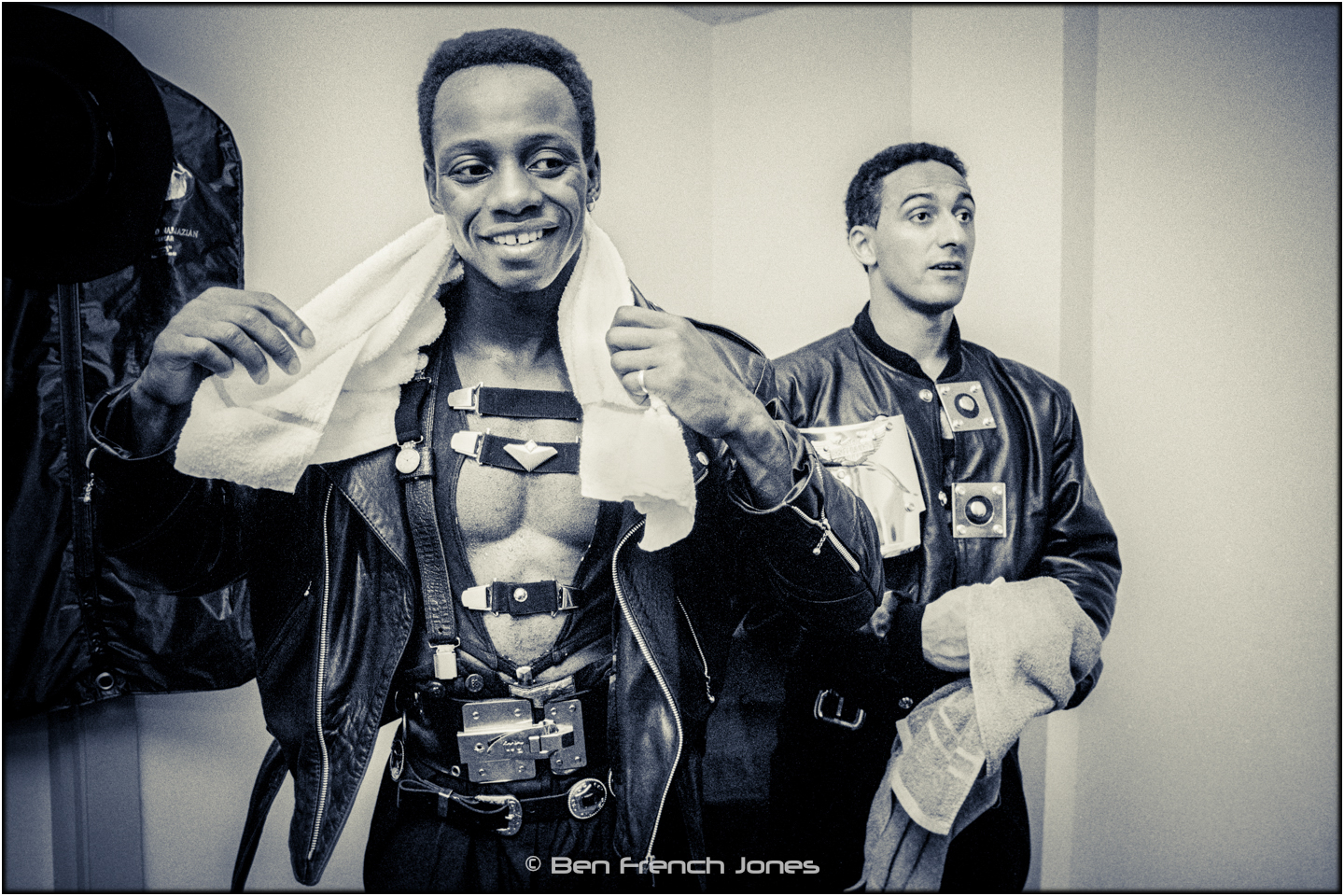 london boys dennis fuller and edem ephraim in black leather outfits cooling down in dressing room